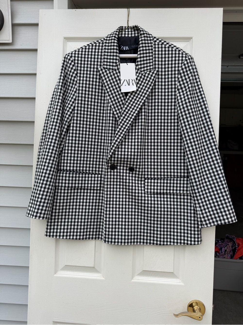 Zara Black and White Gingham Double-Breasted Blazer